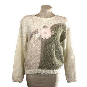 Vintage 80s Cottagecore Nubby Pullover Sweater Floral Blush Pink Large